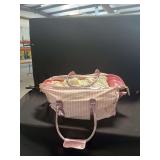 Pink and White Striped Duffel Bag with Crocheted Textiles
