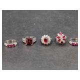 Group of Five Red and White Stone Rings