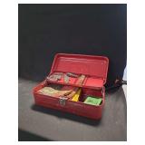 Red Metal Tackle Box with Miscellaneous Fishing Lures and Ephemera