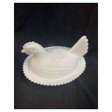 White Milk Glass Hen on Nest Covered Dish