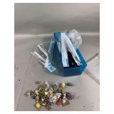 Assorted Watch Bands and Tobacco Advertising Pins in Storage Box