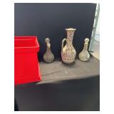 Ceramic Spatterware Pitcher and Glass Cruets