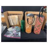 Mixed Craft Materials Including Fabric Cylinders, Metal Tins, Knitting Needles, and Framed Panels