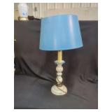 Blue and White Painted Wooden Table Lamp with Blue Shade