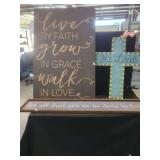 Set of Three Religious Wooden Wall Art Decor Signs and Cross