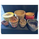 Woven Basket Assortment with Lidded Sewing Box and Figural Pig