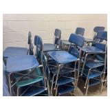 Group of Blue and Green Stackable School Chairs with Chrome Frames