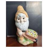 Ceramic Garden Gnome Figurine with Wheelbarrow Dated 1989
