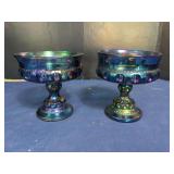 Pair of Blue Carnival Glass Footed Compotes