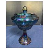 Blue Carnival Glass Covered Compote with Grape and Leaf Motif