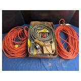 Assorted Hand Tools and Extension Cords in Cardboard Box