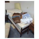Wooden Twin Bed Frame with Mattress, Box Spring, and Assorted Linens