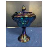 Blue Iridescent Carnival Glass Footed Compote with Lid