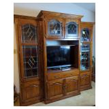 Three Piece Oak Entertainment Center with Leaded Glass Doors