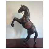 Leather-Covered Rearing Horse Figurine with Saddle and Bridle