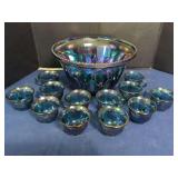Blue Carnival Glass Punch Bowl and Twelve Cups