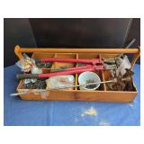Wooden Compartmentalized Tool Caddy with Bolt Cutters and Assorted Fasteners