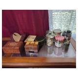 Assorted Decorative Storage Boxes and Glass Jars Containing Buttons