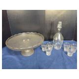 Glass Barware Set with Footed Cake Stand Decanter and Six Shot Glasses