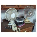 Mixed Electronics and Household Grouping Including Fans, Home Accents DVD Player, Northern Telecom Telephone, and LED Headlamp