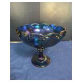 Blue Iridescent Carnival Glass Footed Compote Bowl