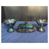 Blue Carnival Glass Covered Butter Dish and Matching Candlestick Pair