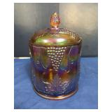 Marigold Carnival Glass Covered Cookie Jar Grape and Vine Pattern