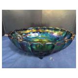 Blue Carnival Glass Footed Bowl with Fruit Motif