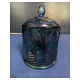 Blue Carnival Glass Grape and Cable Pattern Cookie Jar with Lid