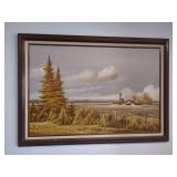 Framed Rural Landscape Oil Painting Depicting Farmhouse and Windmill