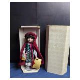 Franklin Heirloom Dolls Bisque Porcelain Collector Doll with Red Cloak and Floral Skirt in Original Box