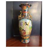 Large Painted Ceramic Floor Vase with Applied Dragon Handles and Figural Scene