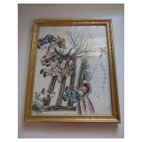 Framed Stitched Fabric Artwork Depicting Rural Children and Animals
