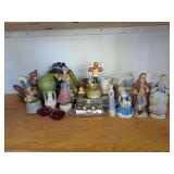 Assorted Porcelain Figurines, Glassware, and Silver Plated Tableware