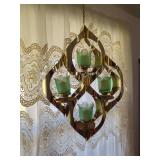 Hanging Brass and Green Glass Tulip Candle Holder Fixture