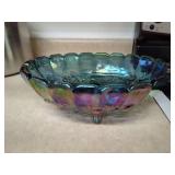 Blue Carnival Glass Footed Fruit Bowl