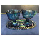 Blue Carnival Glass Three Piece Creamer and Sugar Set on Tray