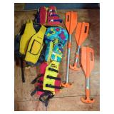 Assorted Personal Flotation Devices and Telescopic Paddles