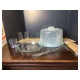 Kitchenware Assortment Including Pyrex Pie Dish, Cake Carrier, and Glassware