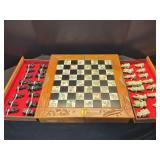 Carved Wooden Chess Set with Storage Drawers and Figural Pieces
