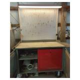 Industrial Steel Work Bench with Pegboard Backsplash and Storage Cabinets