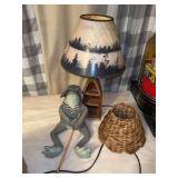 Rustic Canoe Table Lamp and Stuffed Frog Figure Lot