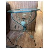Metal Accent Table with Leaf Accents and Glass Top
