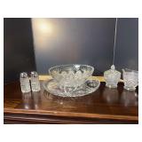 Cut Glass Serving Set Including Bowl, Platter, Salt and Pepper Shakers, Covered Dish, and Creamer