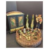 Decorative Assortment of Frog Figurines, Cabinets, and Wicker Tray