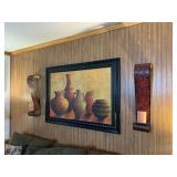 Framed Canvas Still Life Painting of Pottery Vessels with Matching Wall Sconces