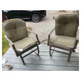 Set of Two Metal Frame Spring Motion Patio Armchairs with Green Botanical Cushions