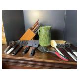 Kitchen Utensil Lot with Knife Block and Pitcher