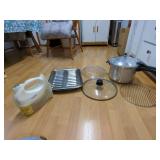 Kitchenware Assortment Including Mirro Pressure Cooker, Hamilton Beach Hand Mixer, and Glass Lids