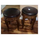 Set of Two Carved Wood Bar Stools with Padded Seats